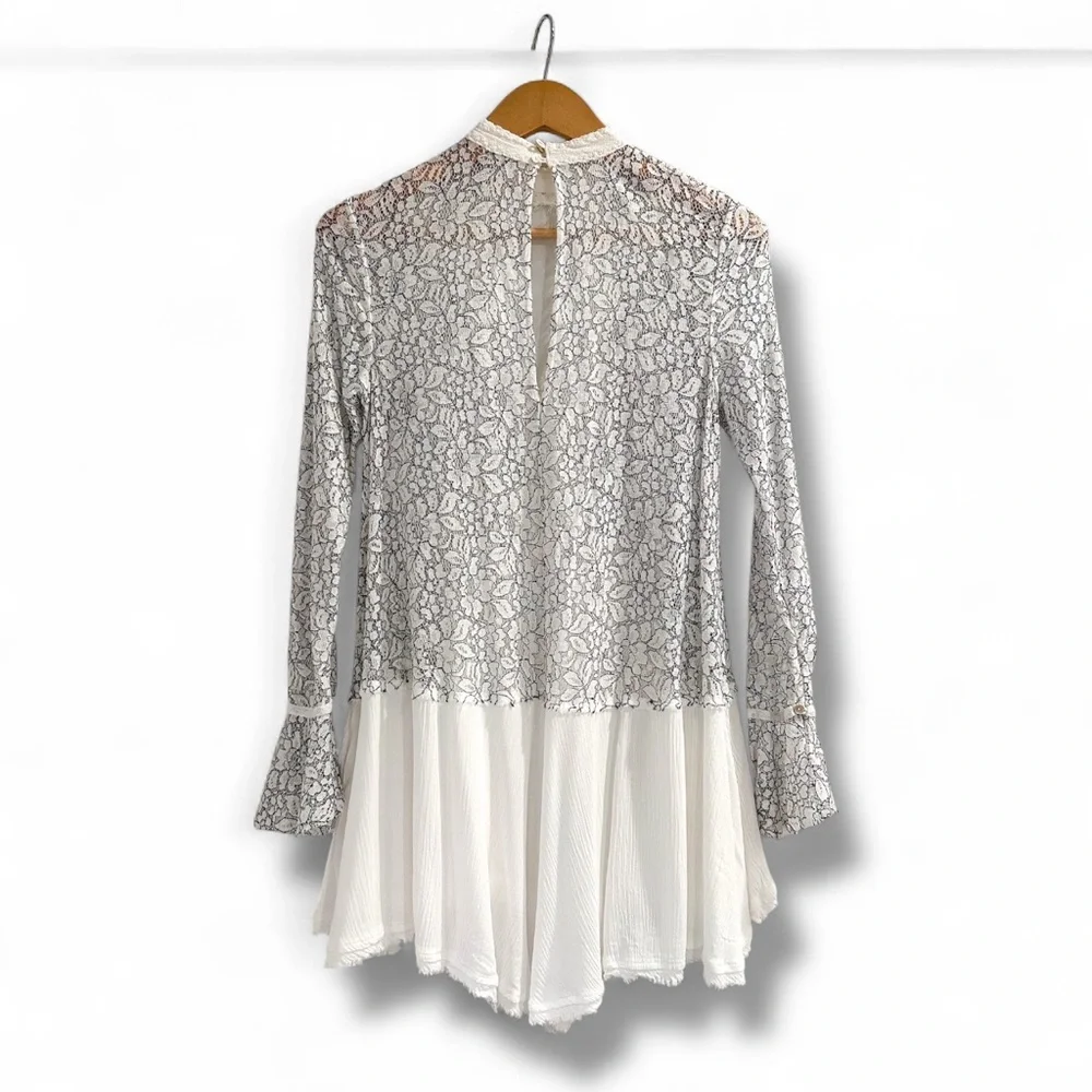 Free People Tell Tale Lace Tunic Mini Dress Ivory Black XS Boho Lace​ - Picture 3 of 7